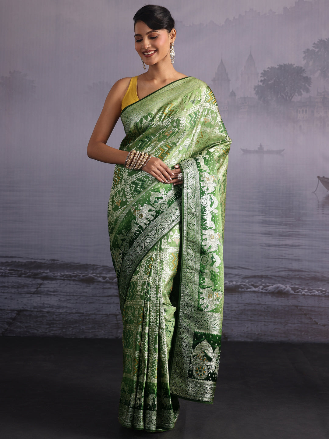 Libas Green Woven Design Bandhani Print Satin Saree