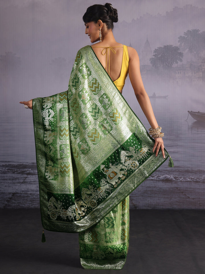 Libas Green Woven Design Bandhani Print Satin Saree