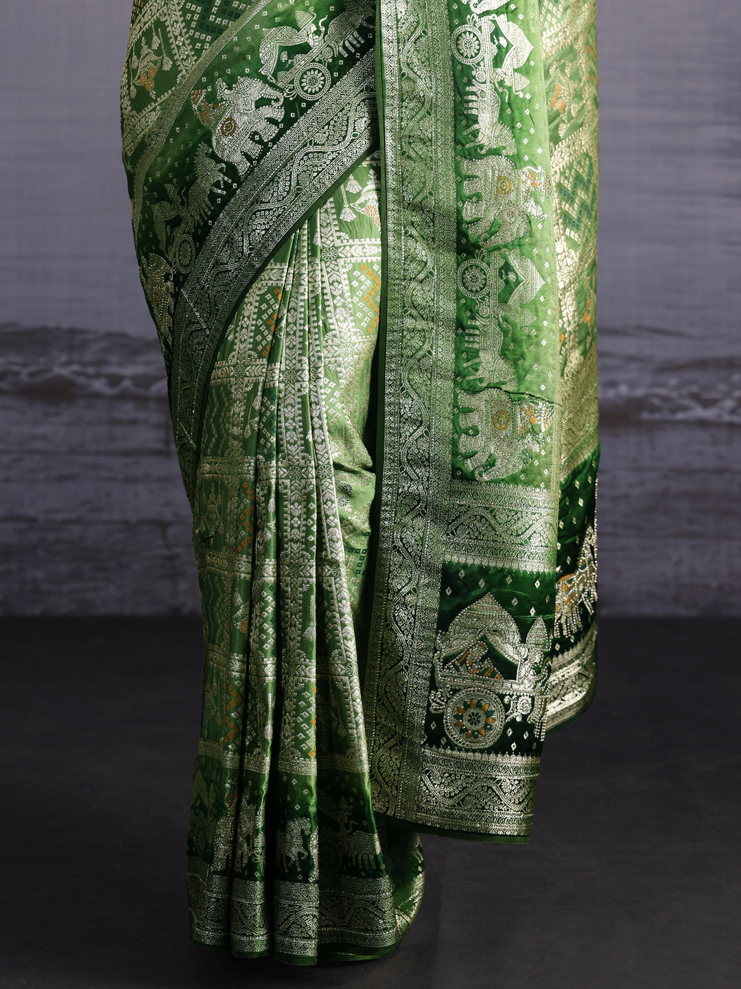 Libas Green Woven Design Bandhani Print Satin Saree