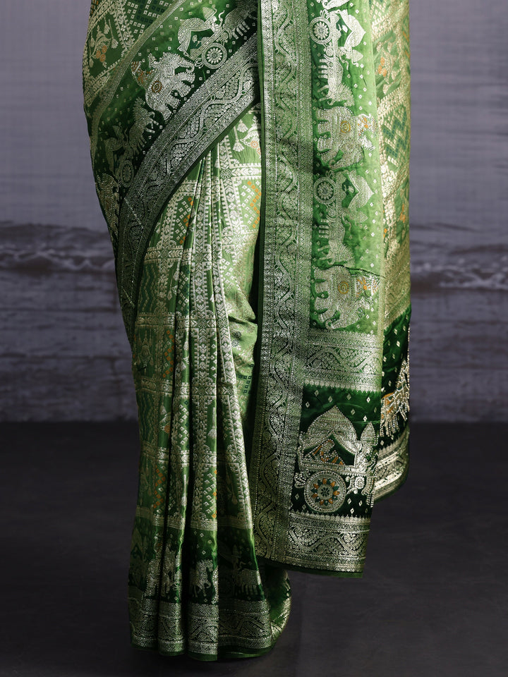 Libas Green Woven Design Bandhani Print Satin Saree