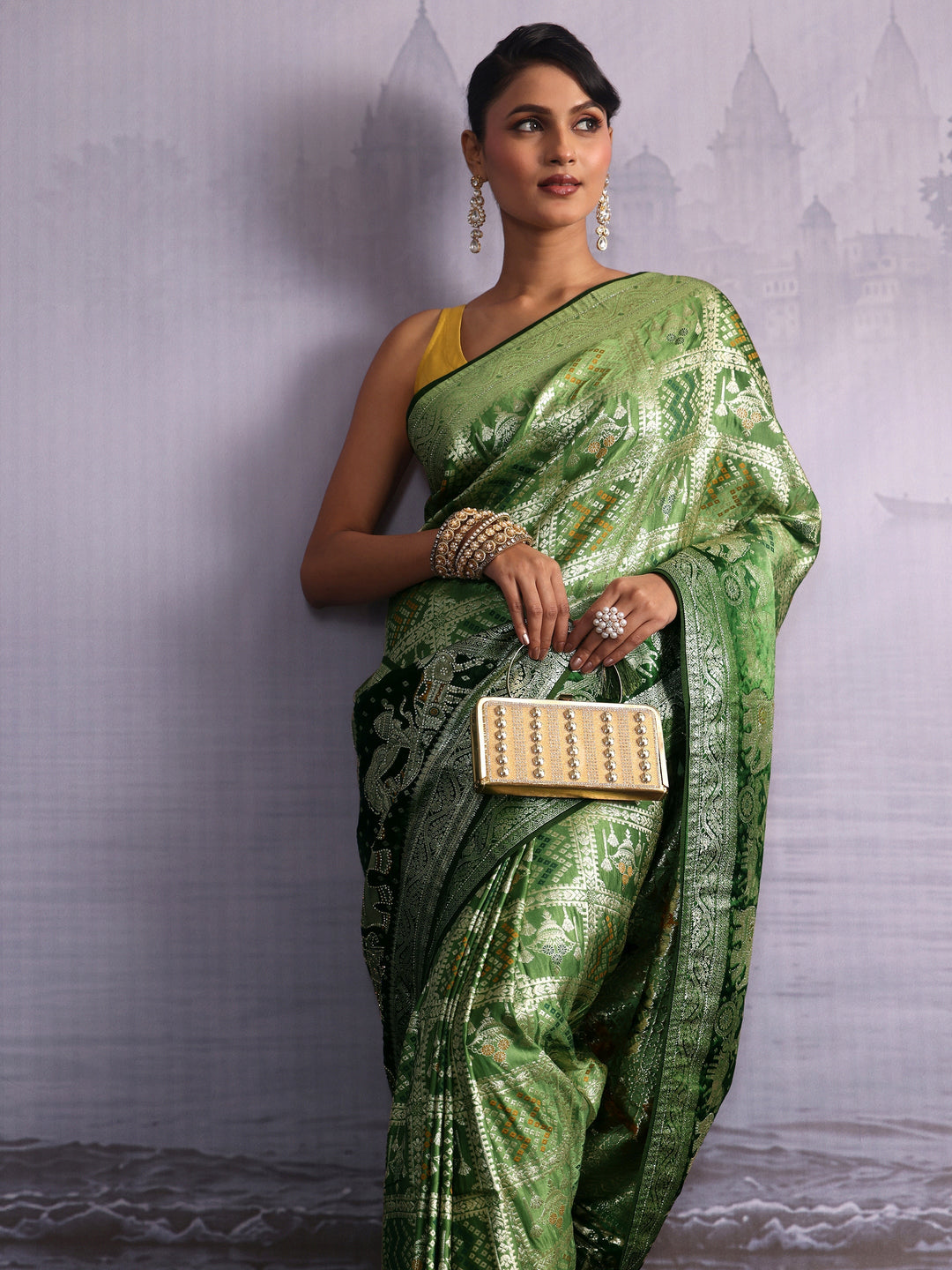 Libas Green Woven Design Bandhani Print Satin Saree