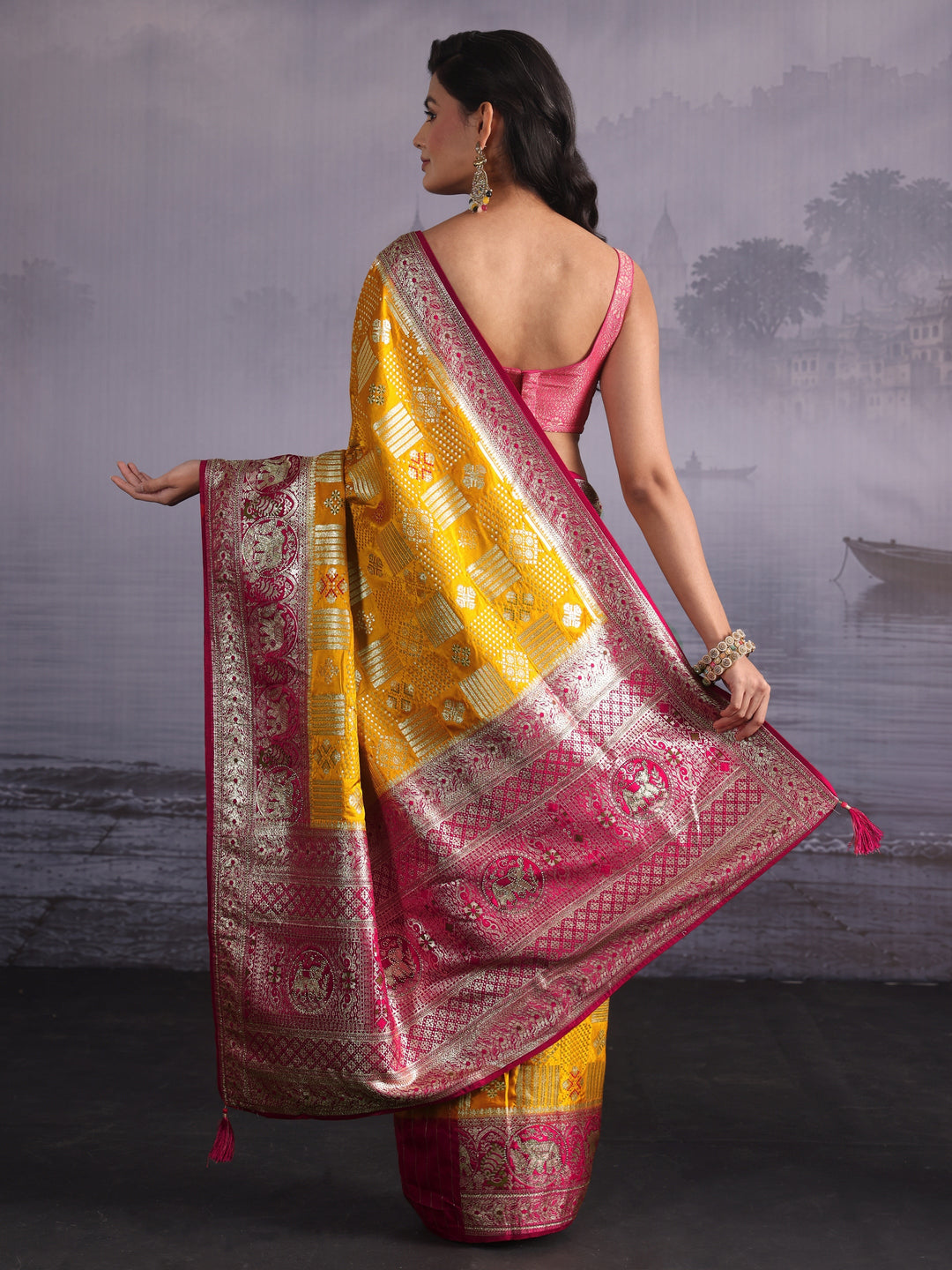 Libas Mustard Zari Woven Design Embellished Satin Saree