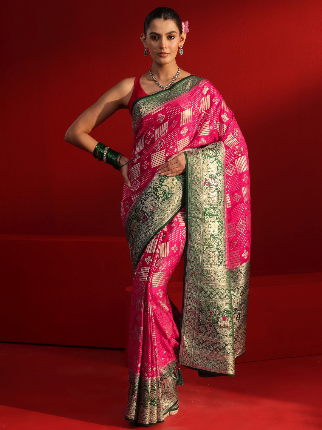 Libas Pink and Green Woven Design Satin Saree with Stone Work