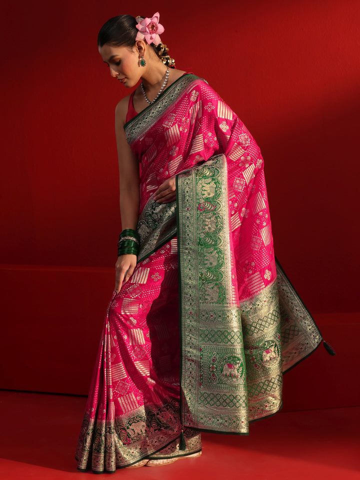 Libas Pink and Green Woven Design Satin Saree with Stone Work