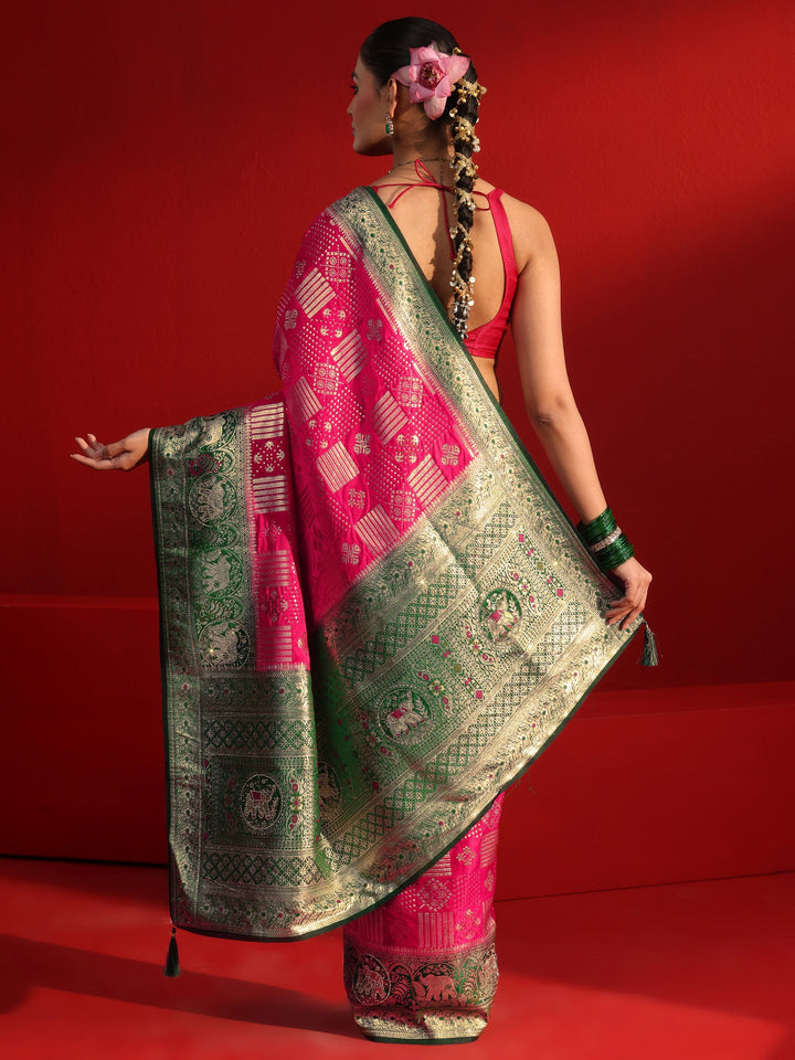 Libas Pink and Green Woven Design Satin Saree with Stone Work