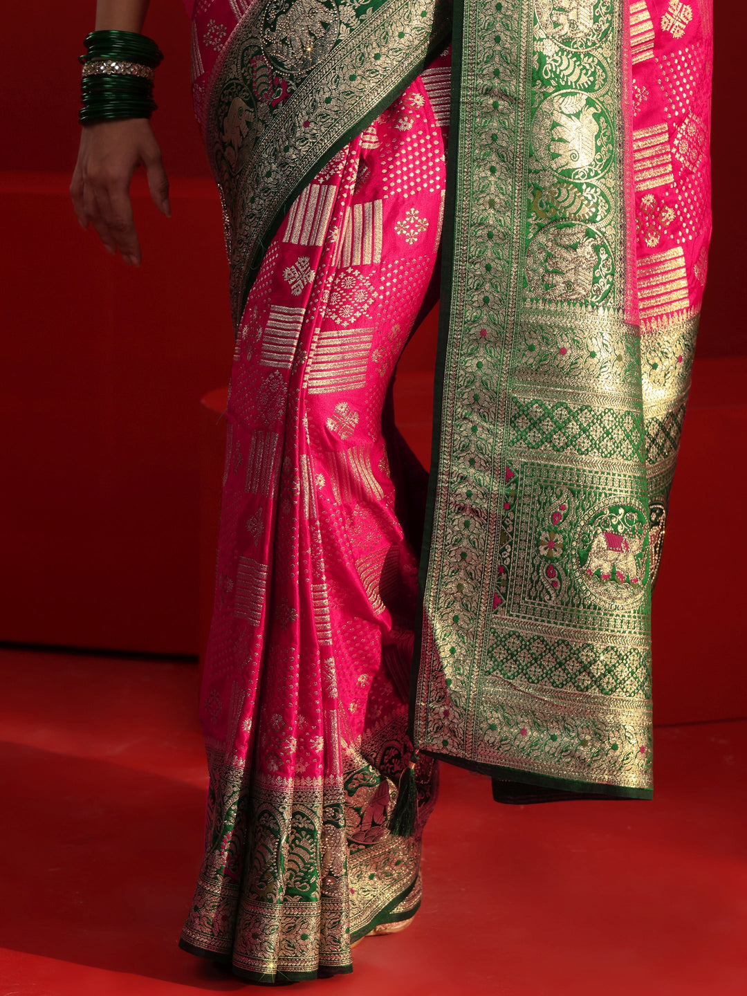 Libas Pink and Green Woven Design Satin Saree with Stone Work