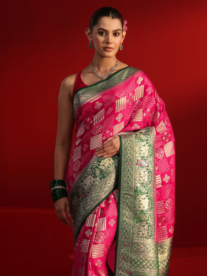 Libas Pink and Green Woven Design Satin Saree with Stone Work