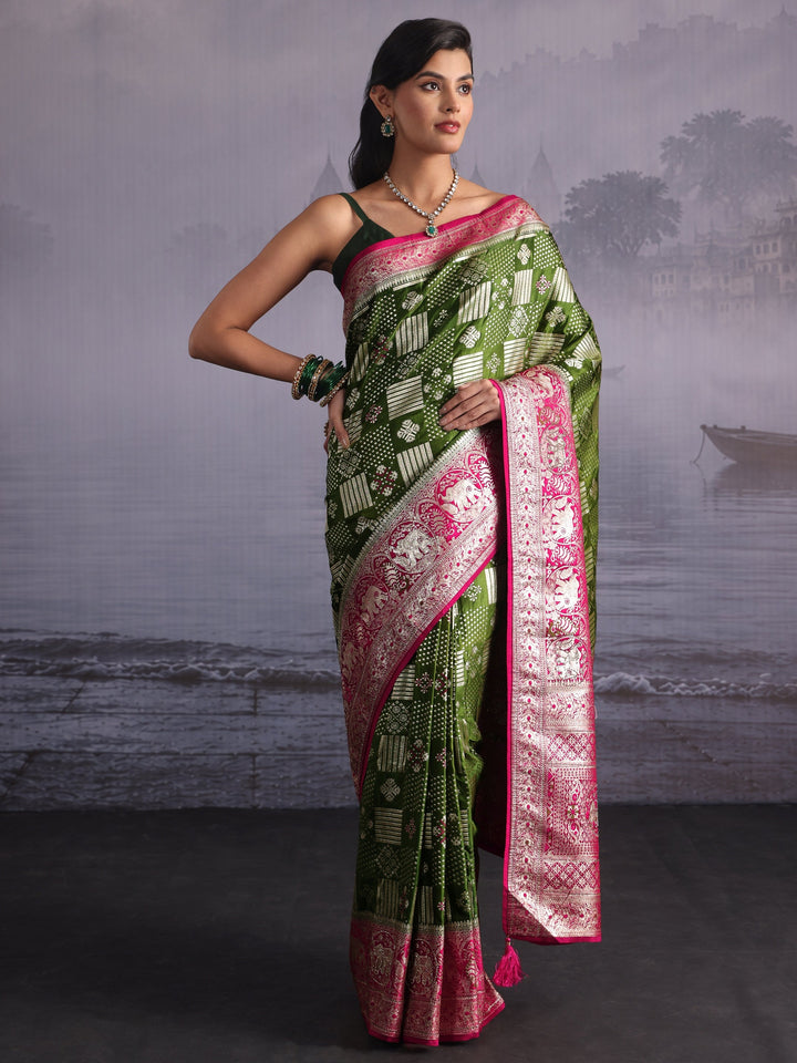 Libas Green Zari Woven Design Embellished Satin Saree