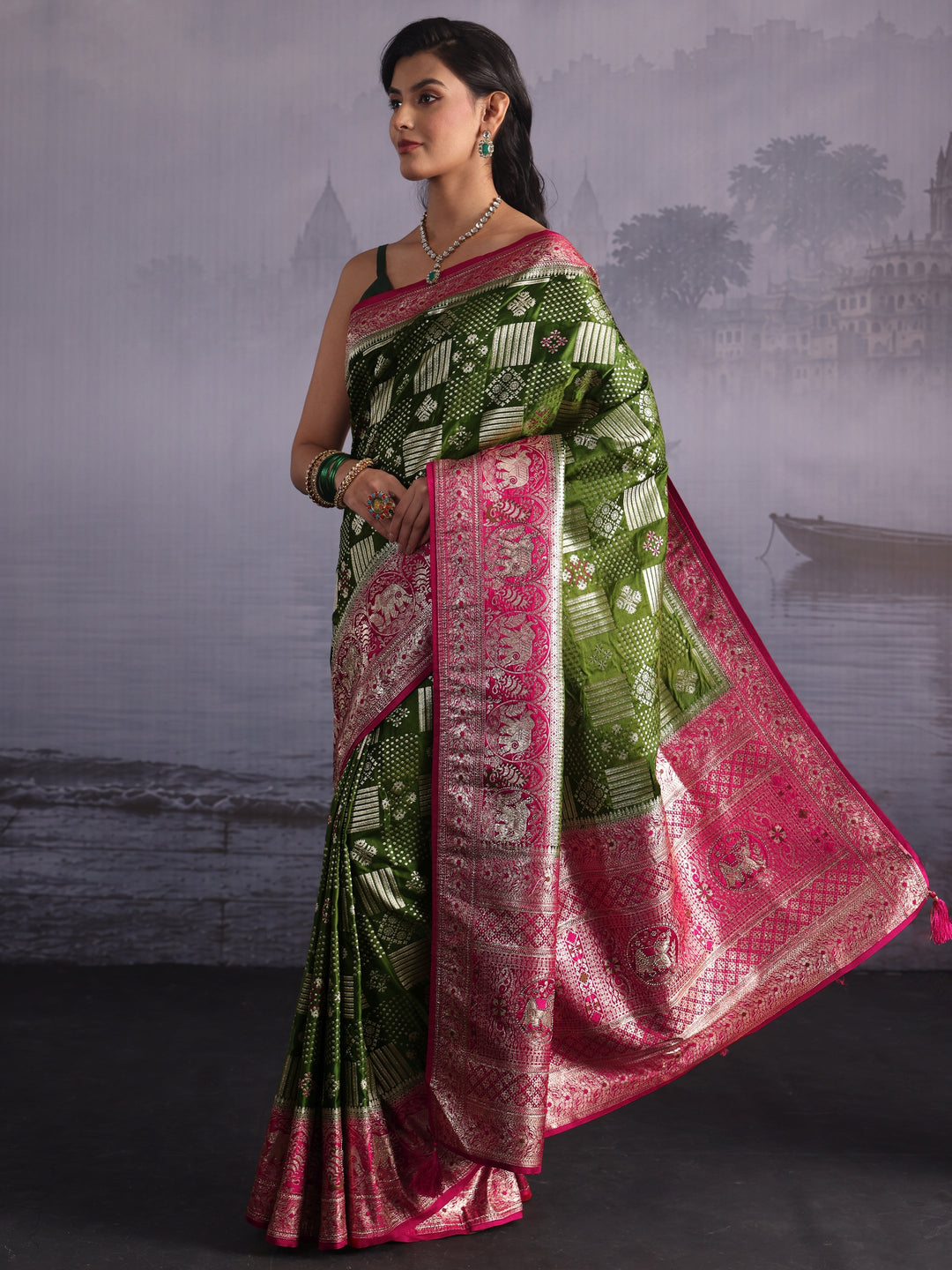 Libas Green Zari Woven Design Embellished Satin Saree