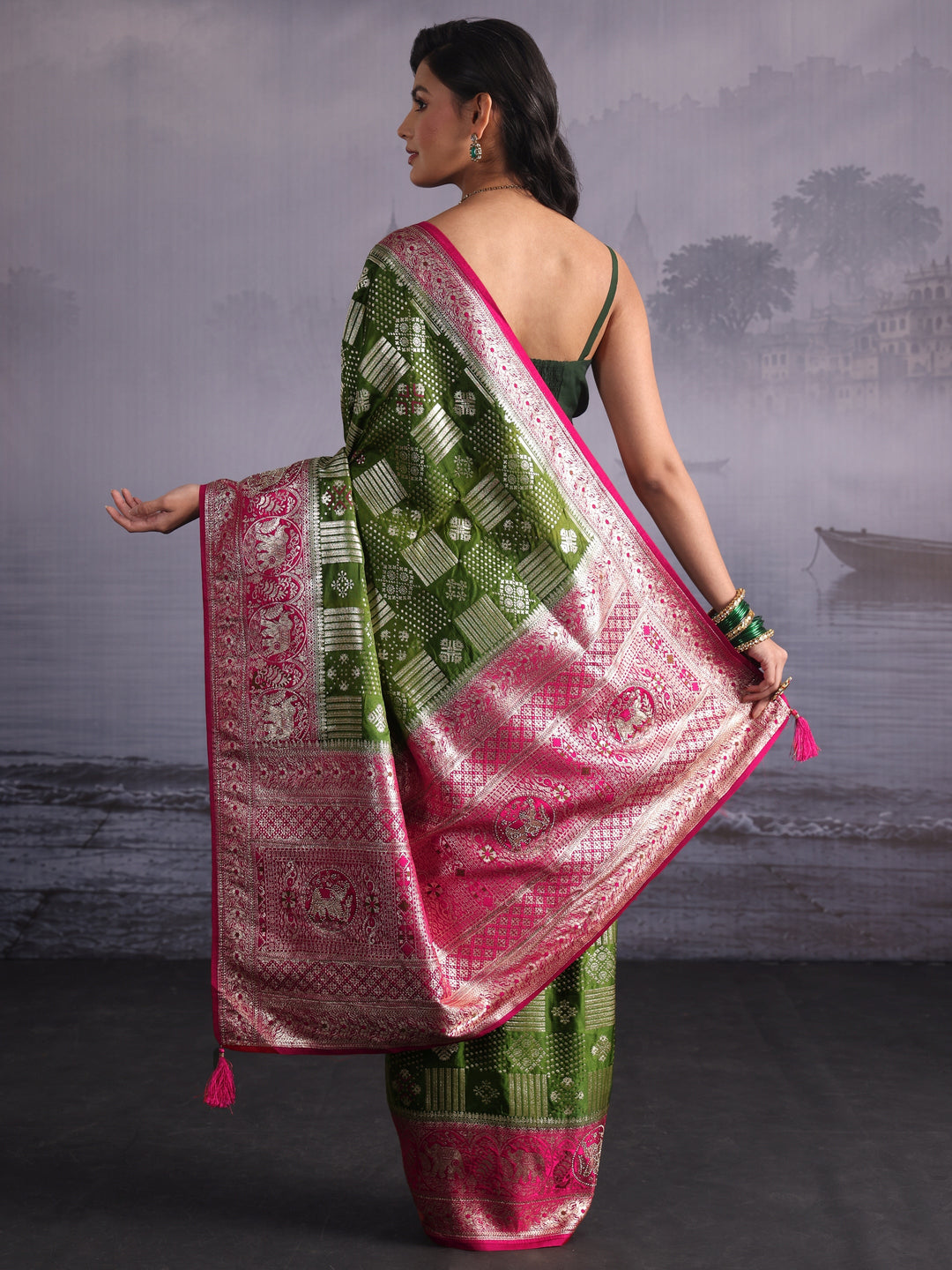 Libas Green Zari Woven Design Embellished Satin Saree