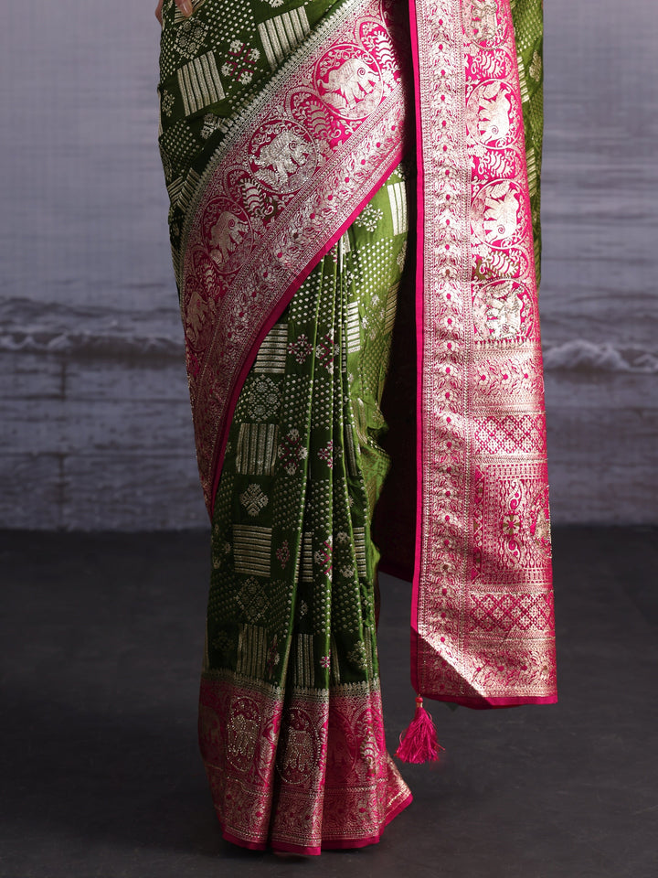 Libas Green Zari Woven Design Embellished Satin Saree