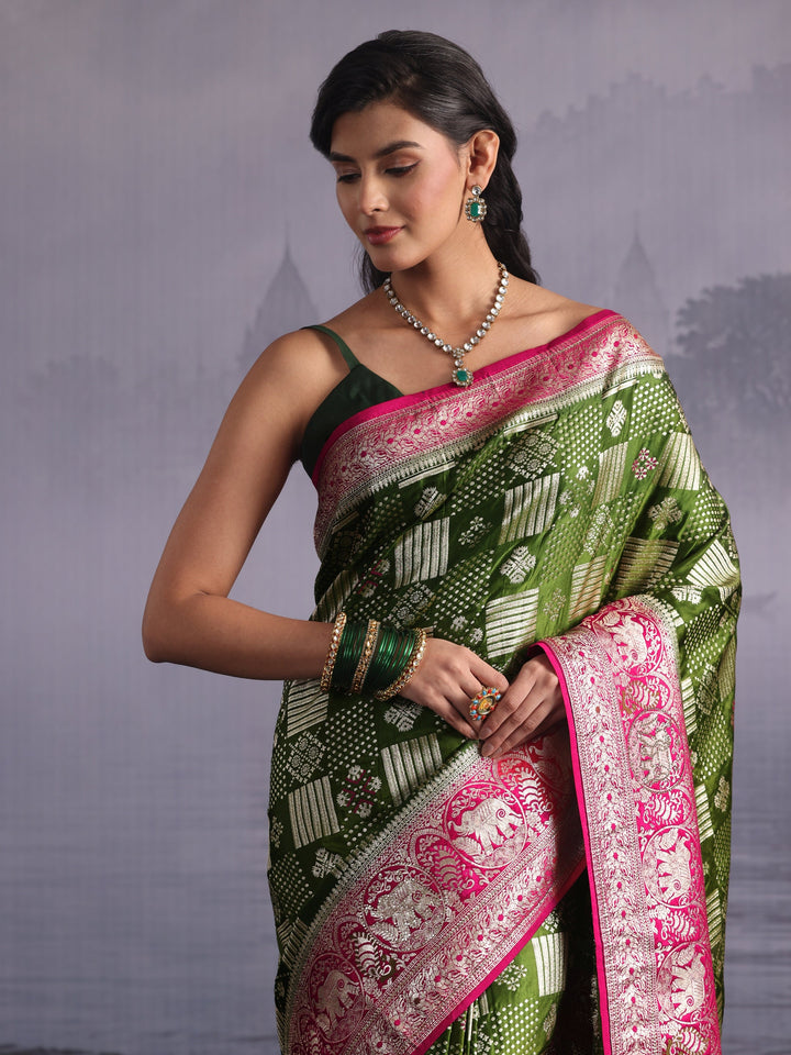 Libas Green Zari Woven Design Embellished Satin Saree