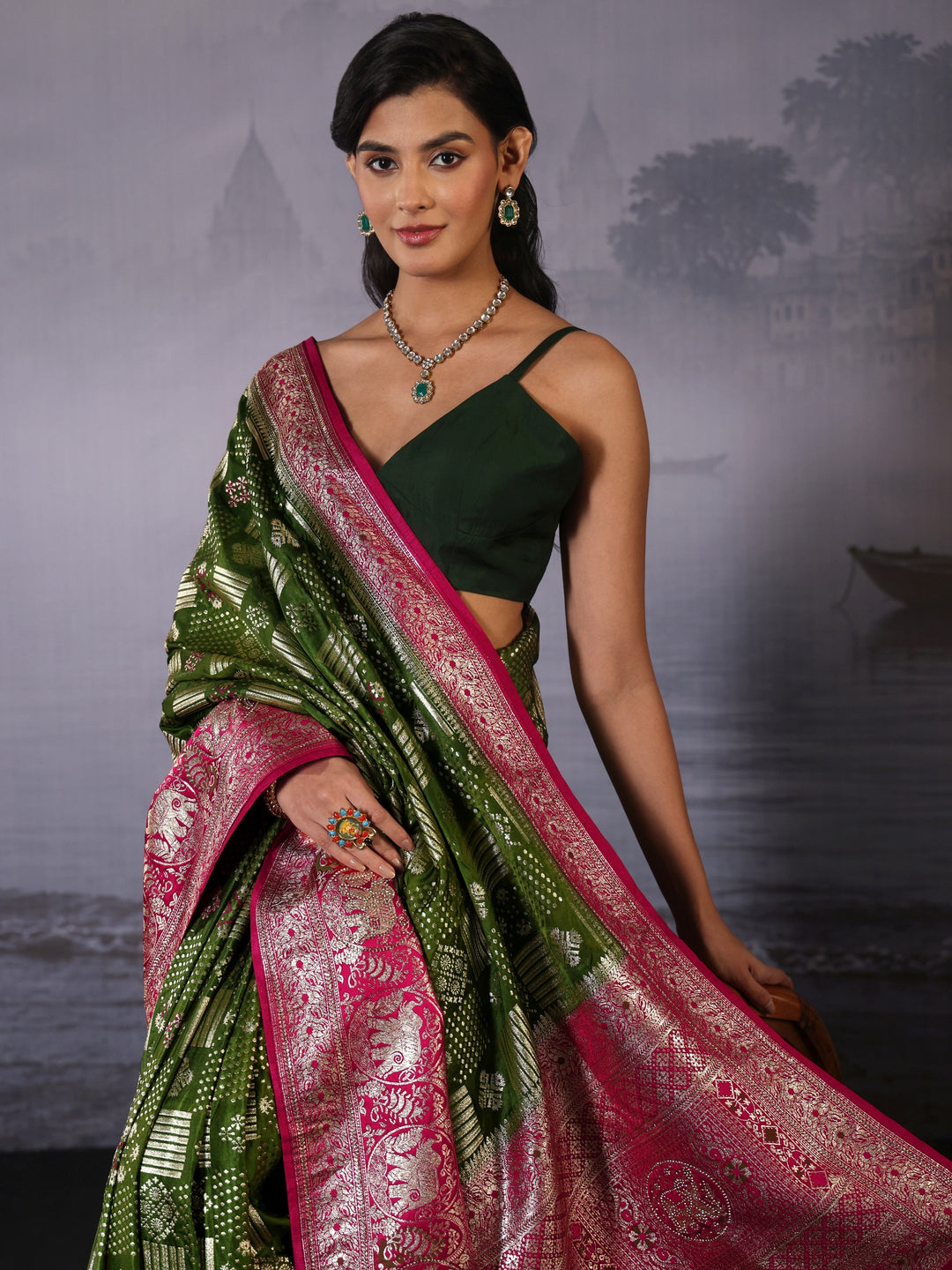 Libas Green Zari Woven Design Embellished Satin Saree