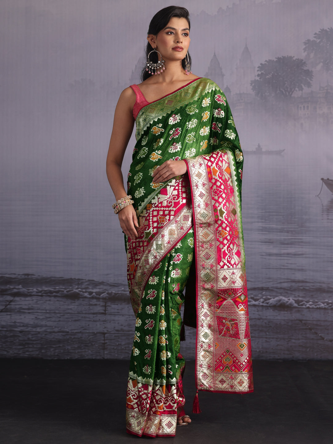Libas Green Zari Woven Patola Silk Blend Saree