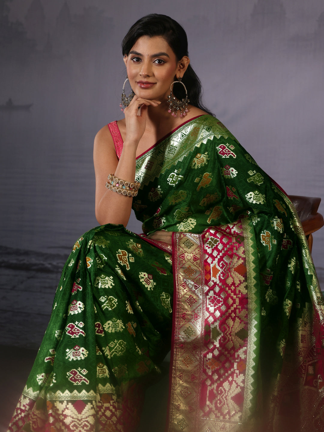 Libas Green Zari Woven Patola Silk Blend Saree