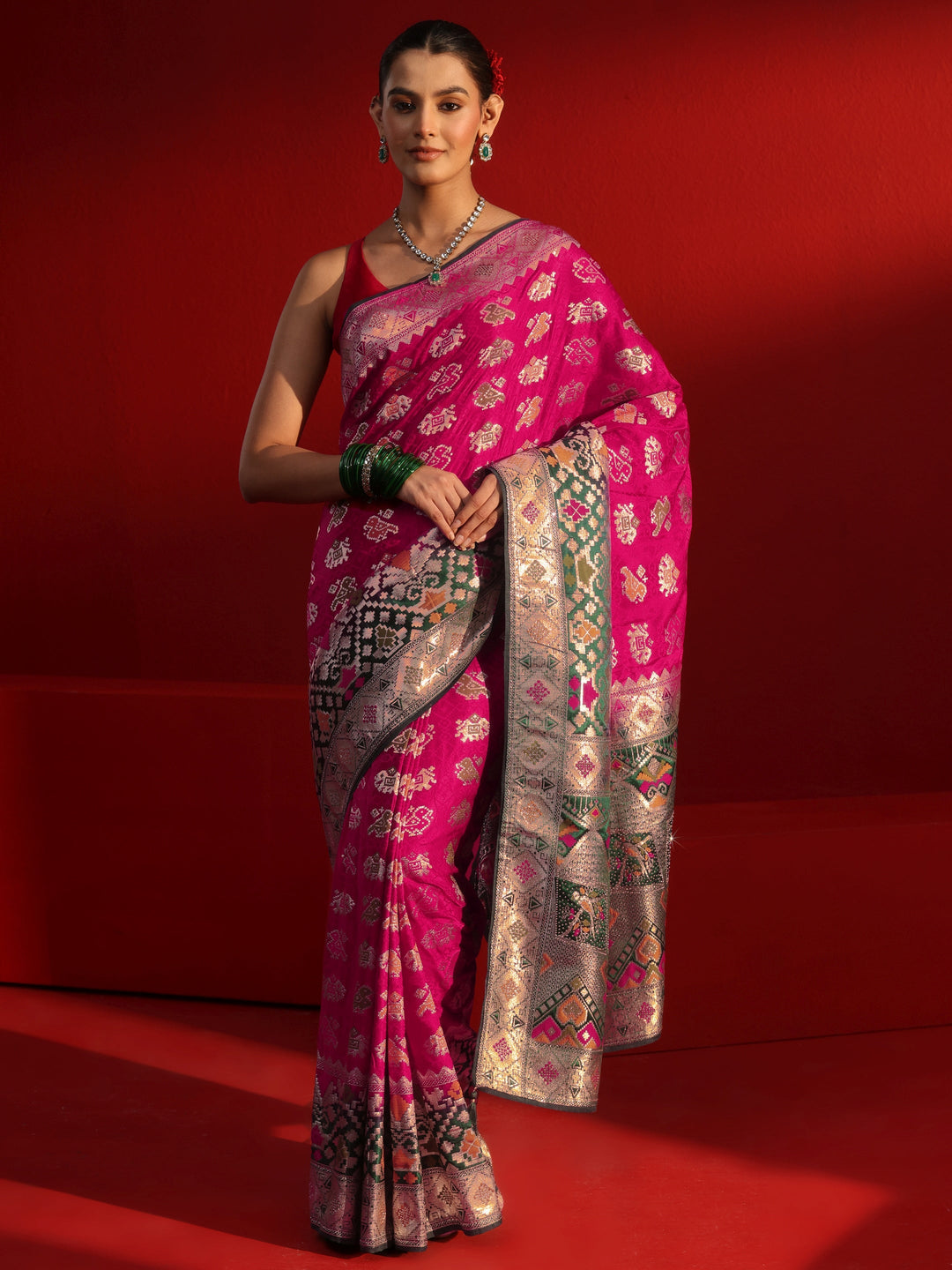 Libas Pink Patola Woven Design Silk Blend Saree with Stone Work
