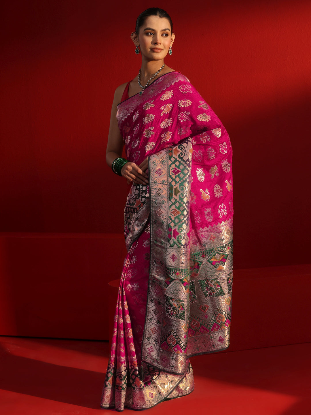 Libas Pink Patola Woven Design Silk Blend Saree with Stone Work