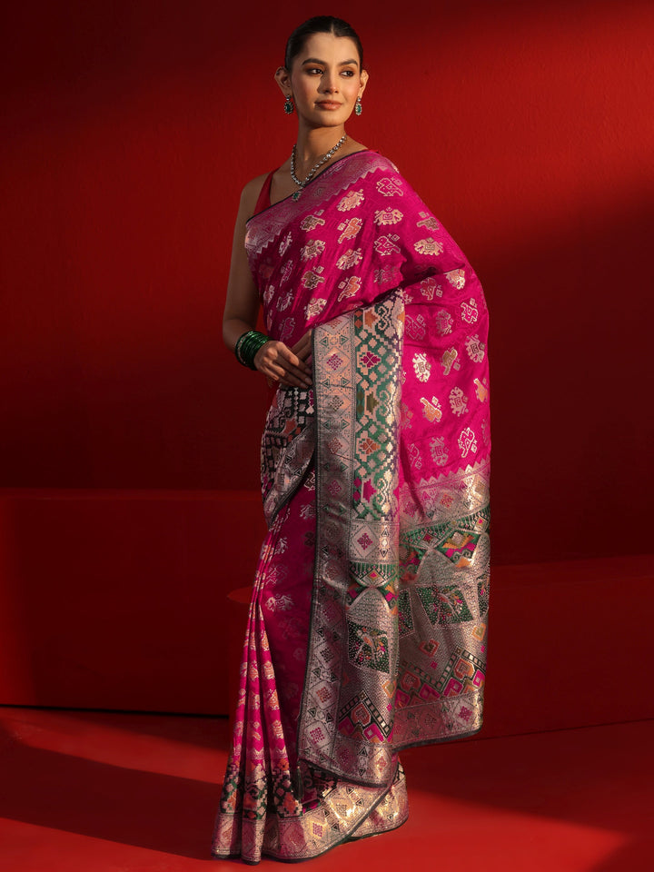 Libas Pink Patola Woven Design Silk Blend Saree with Stone Work