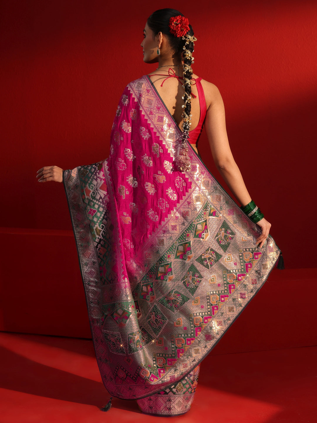 Libas Pink Patola Woven Design Silk Blend Saree with Stone Work