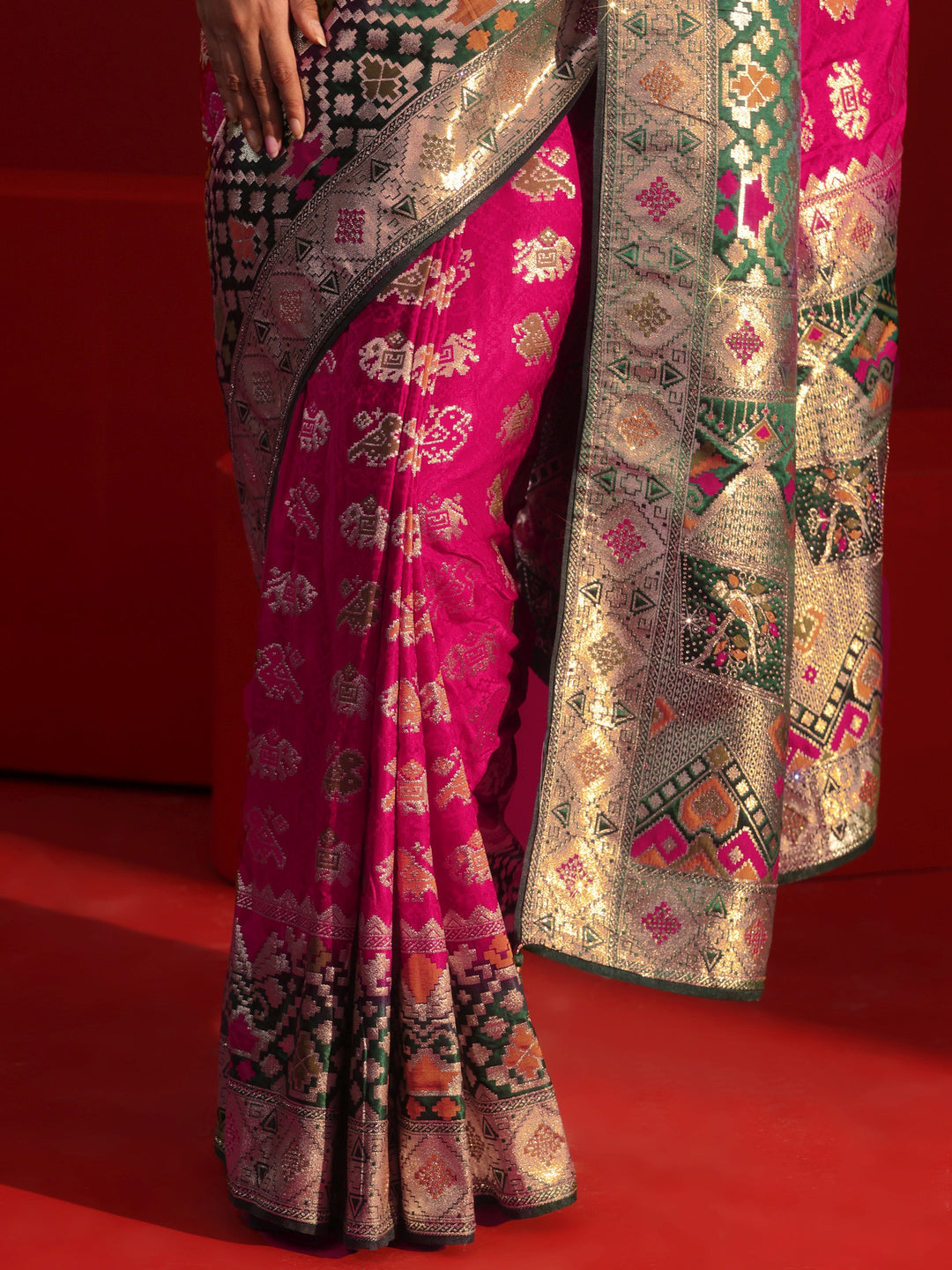 Libas Pink Patola Woven Design Silk Blend Saree with Stone Work