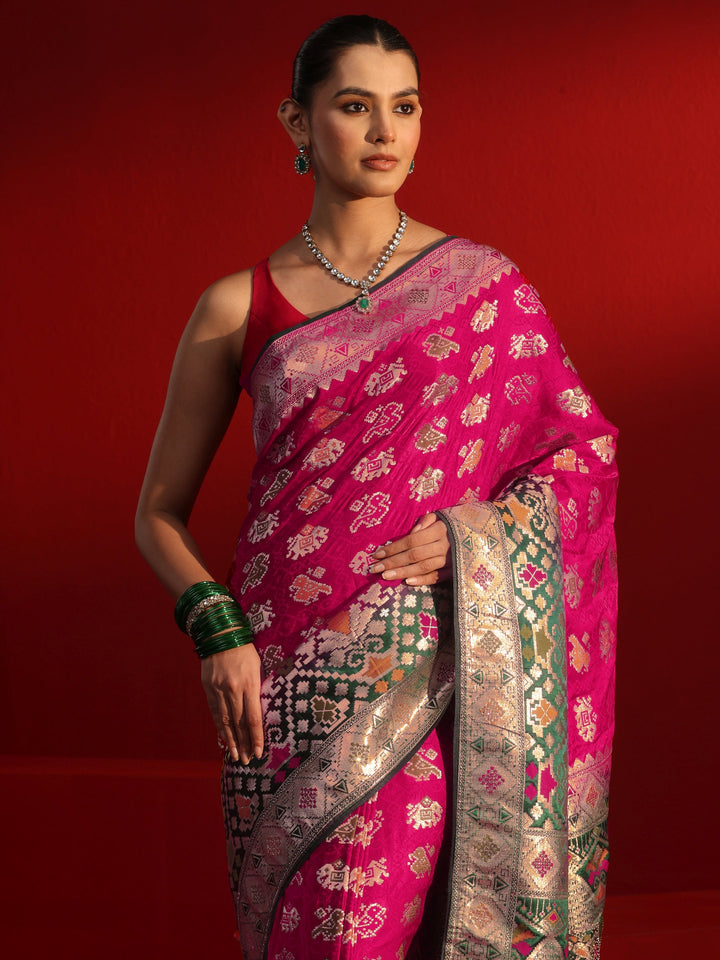 Libas Pink Patola Woven Design Silk Blend Saree with Stone Work