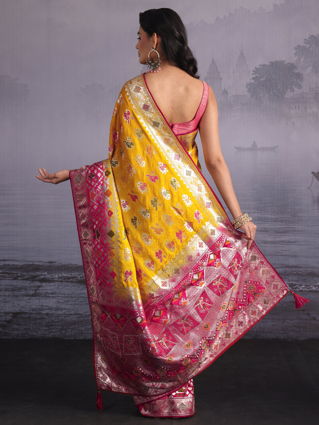 Libas Yellow Zari Woven Patola Silk Blend Saree