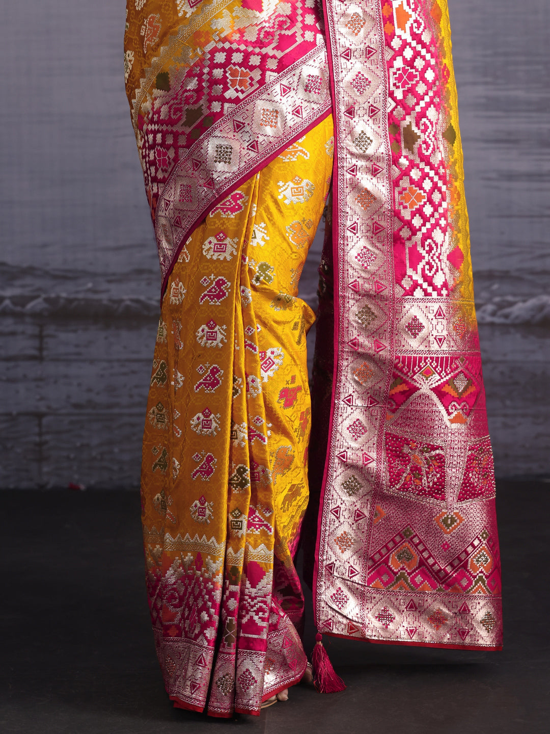 Libas Yellow Zari Woven Patola Silk Blend Saree