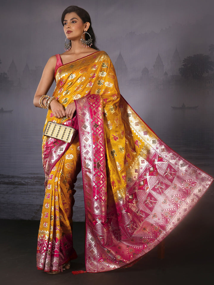 Libas Yellow Zari Woven Patola Silk Blend Saree