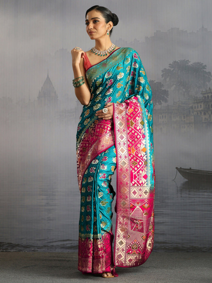 Libas Turquoise Blue Patola Silk Blend Saree