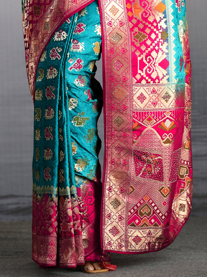 Libas Turquoise Blue Patola Silk Blend Saree