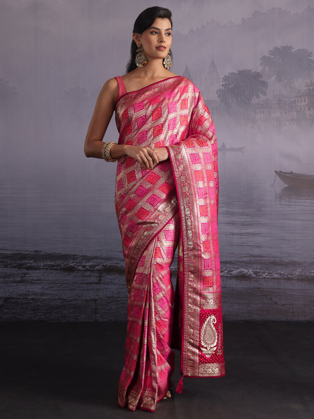 Libas Pink Gharchola Silk Blend Saree with Paisley Weave Pallu