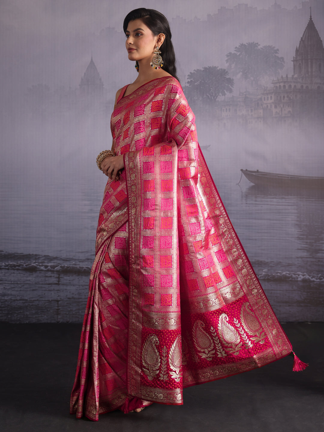 Libas Pink Gharchola Silk Blend Saree with Paisley Weave Pallu