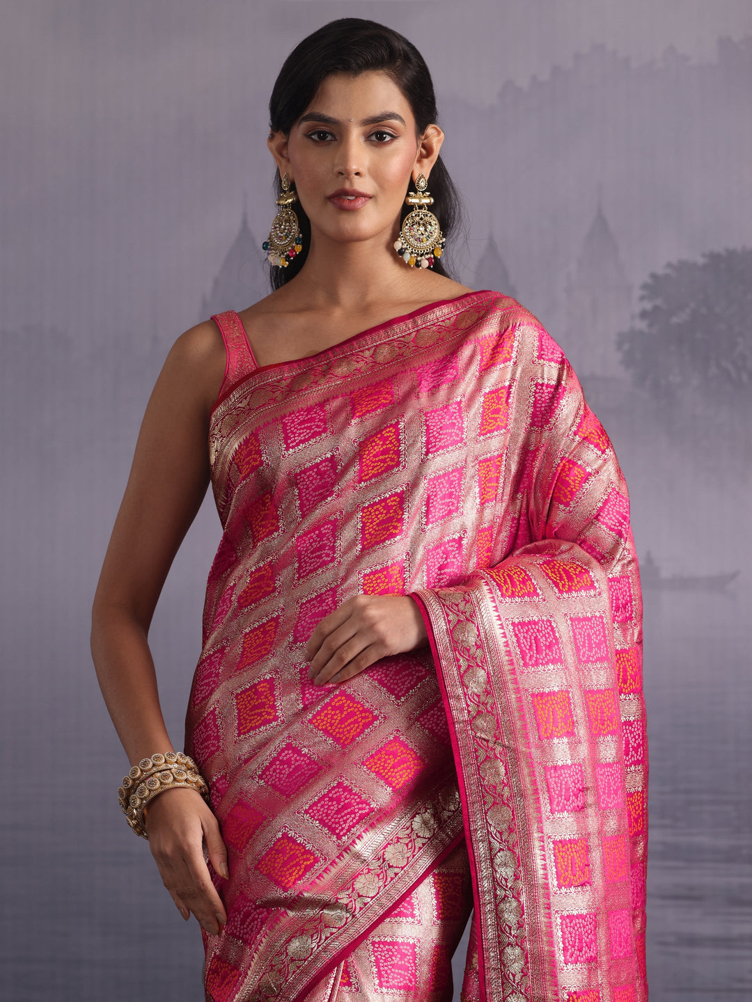 Libas Pink Gharchola Silk Blend Saree with Paisley Weave Pallu