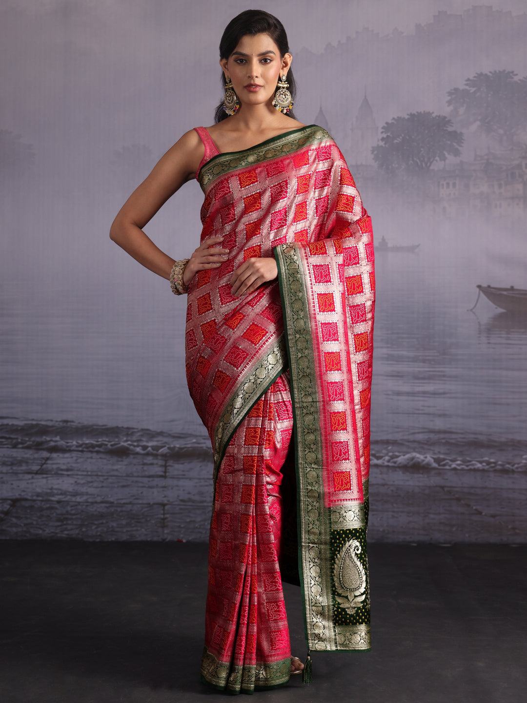 Libas Rani Pink Gharchola Silk Blend Saree with Paisley Weave Pallu