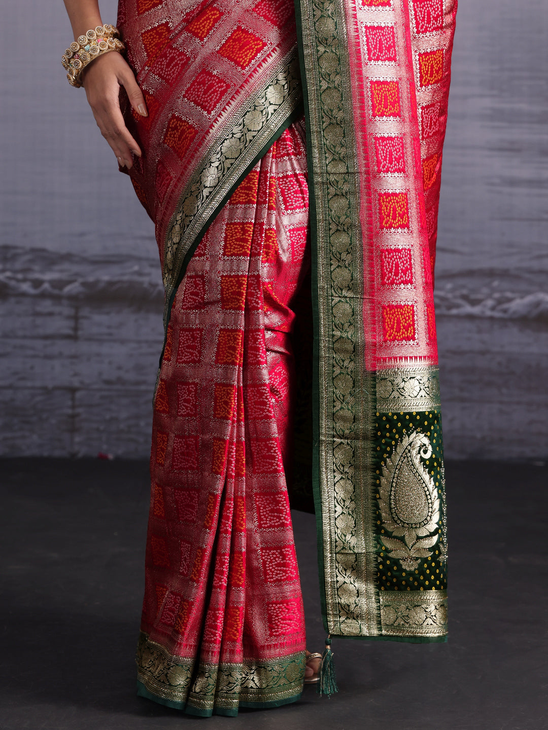Libas Rani Pink Gharchola Silk Blend Saree with Paisley Weave Pallu