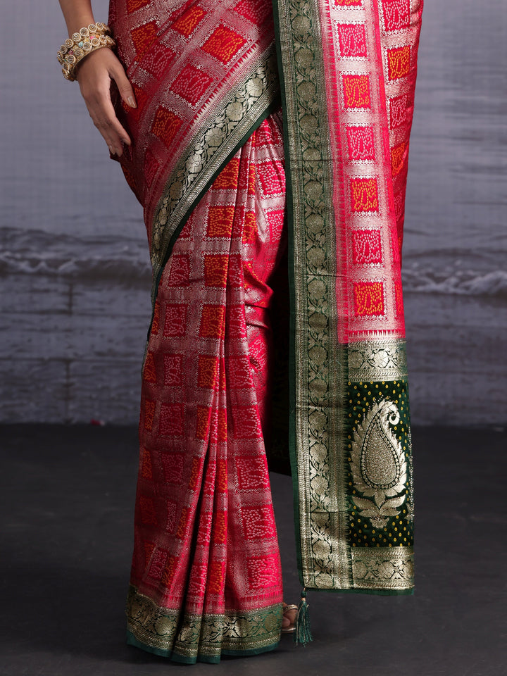 Libas Rani Pink Gharchola Silk Blend Saree with Paisley Weave Pallu
