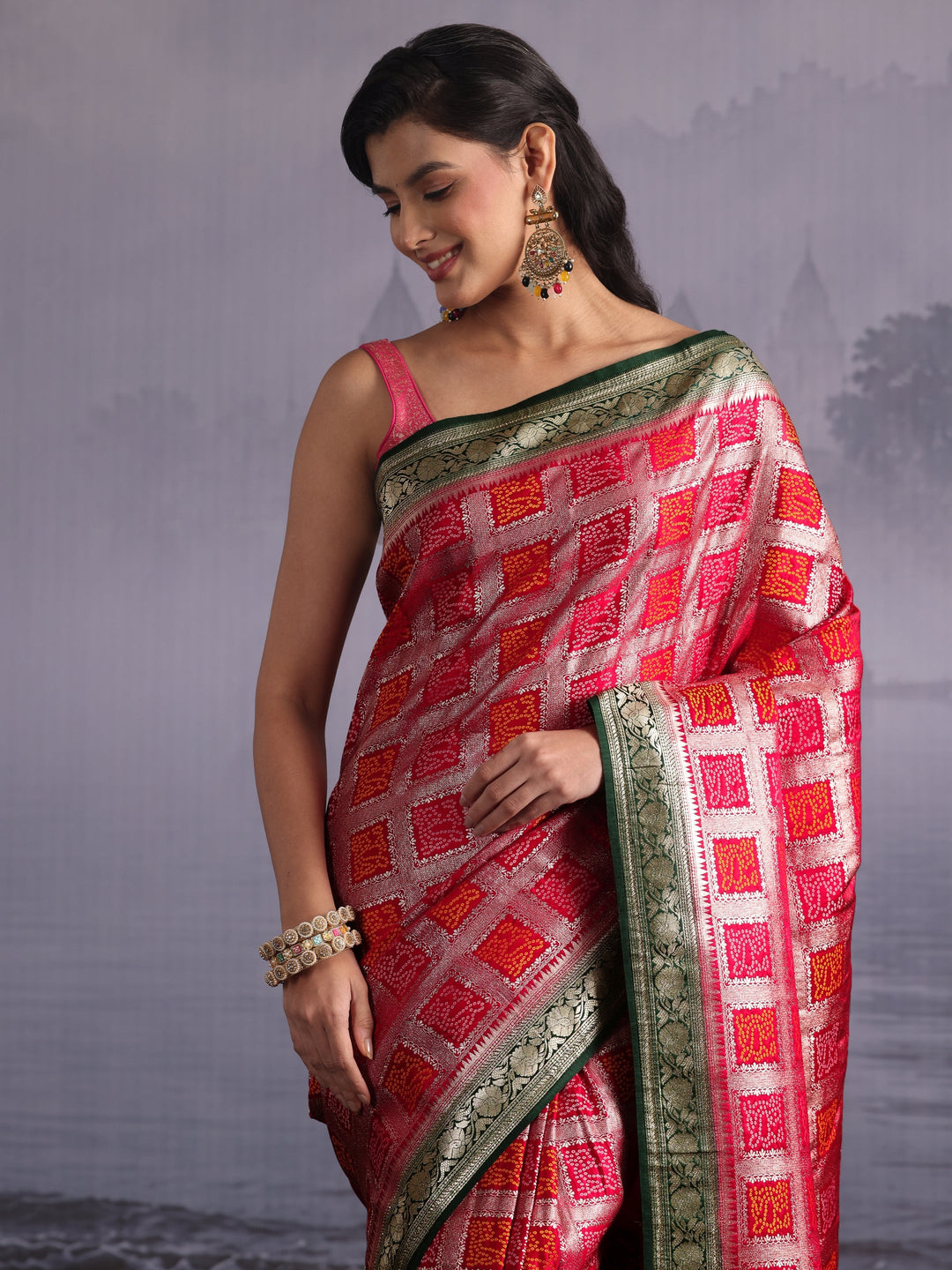Libas Rani Pink Gharchola Silk Blend Saree with Paisley Weave Pallu