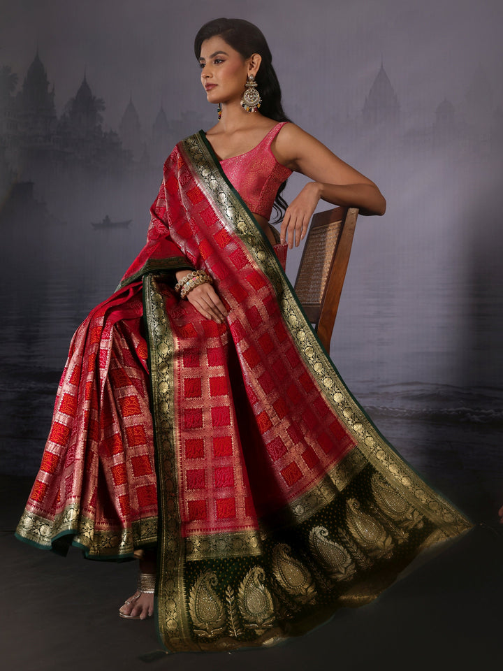 Libas Rani Pink Gharchola Silk Blend Saree with Paisley Weave Pallu