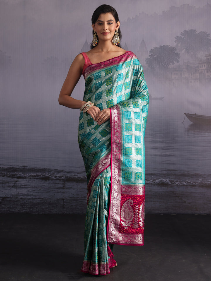 Libas Turquoise Blue Gharchola Silk Blend Saree with Paisley Weave Pallu