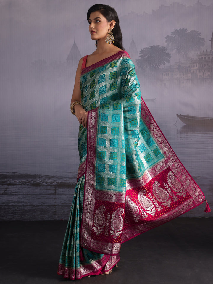 Libas Turquoise Blue Gharchola Silk Blend Saree with Paisley Weave Pallu