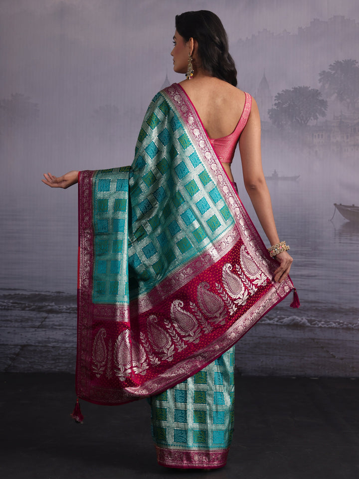 Libas Turquoise Blue Gharchola Silk Blend Saree with Paisley Weave Pallu