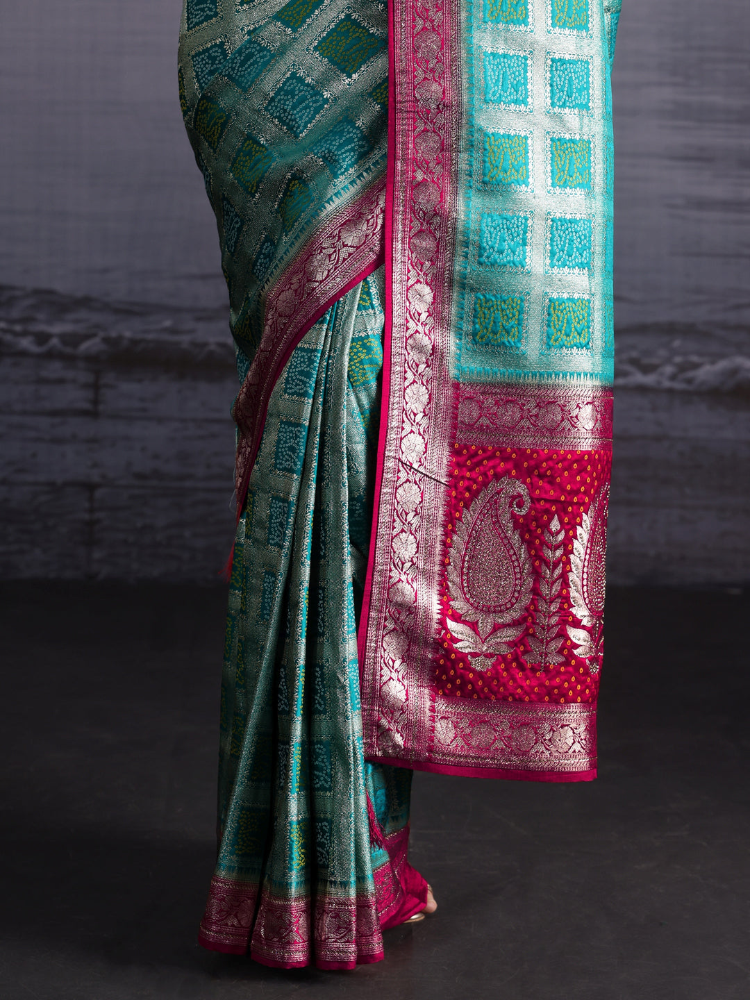 Libas Turquoise Blue Gharchola Silk Blend Saree with Paisley Weave Pallu