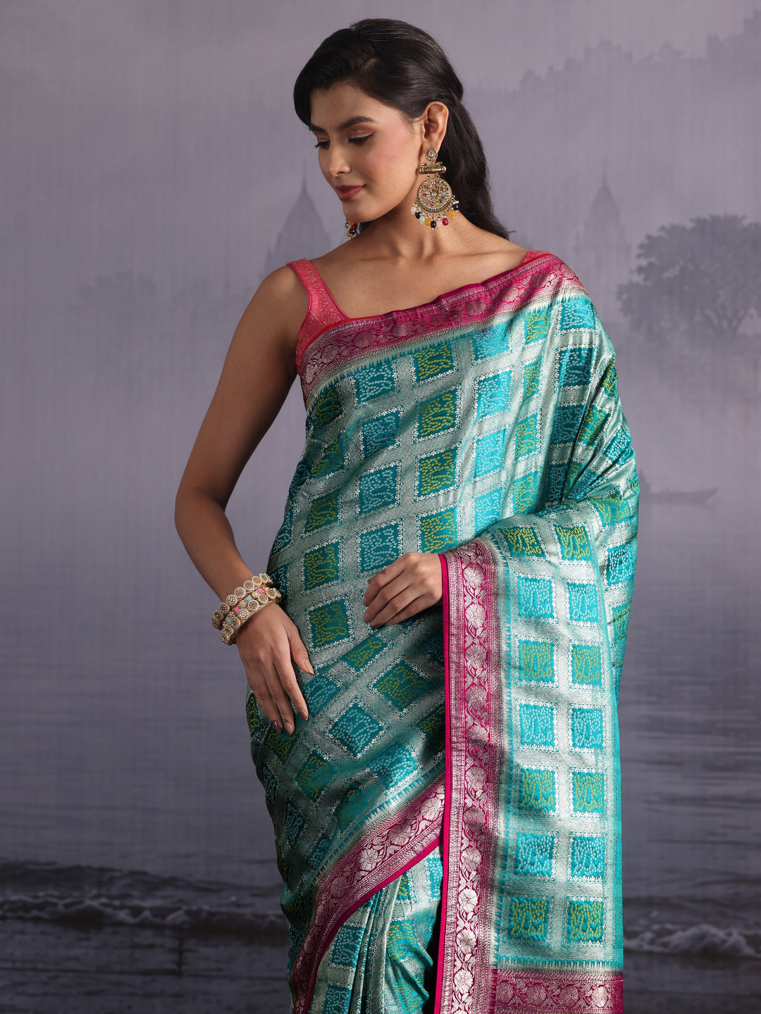 Libas Turquoise Blue Gharchola Silk Blend Saree with Paisley Weave Pallu
