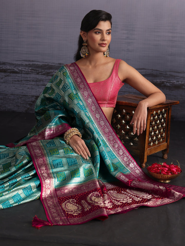 Libas Turquoise Blue Gharchola Silk Blend Saree with Paisley Weave Pallu