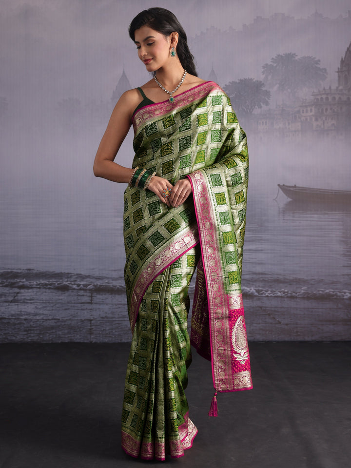 Libas Leaf Green Gharchola Silk Blend Saree with Paisley Weave Pallu