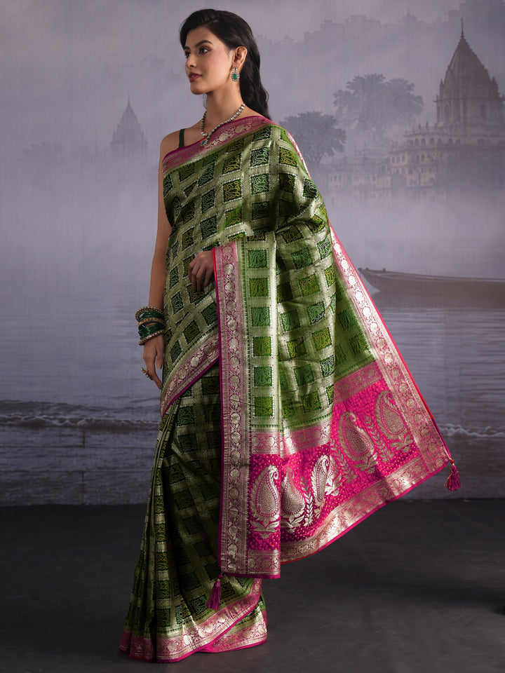 Libas Leaf Green Gharchola Silk Blend Saree with Paisley Weave Pallu