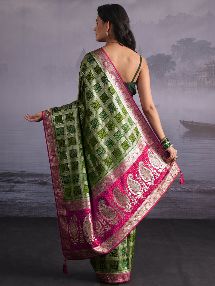 Libas Leaf Green Gharchola Silk Blend Saree with Paisley Weave Pallu