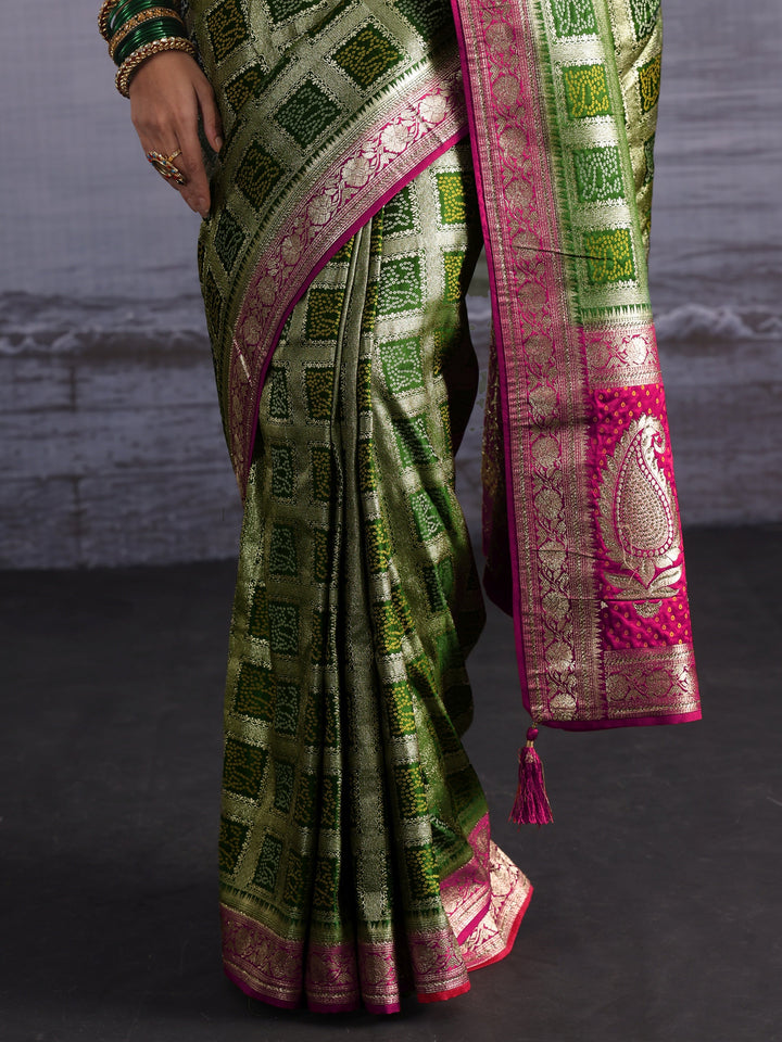 Libas Leaf Green Gharchola Silk Blend Saree with Paisley Weave Pallu