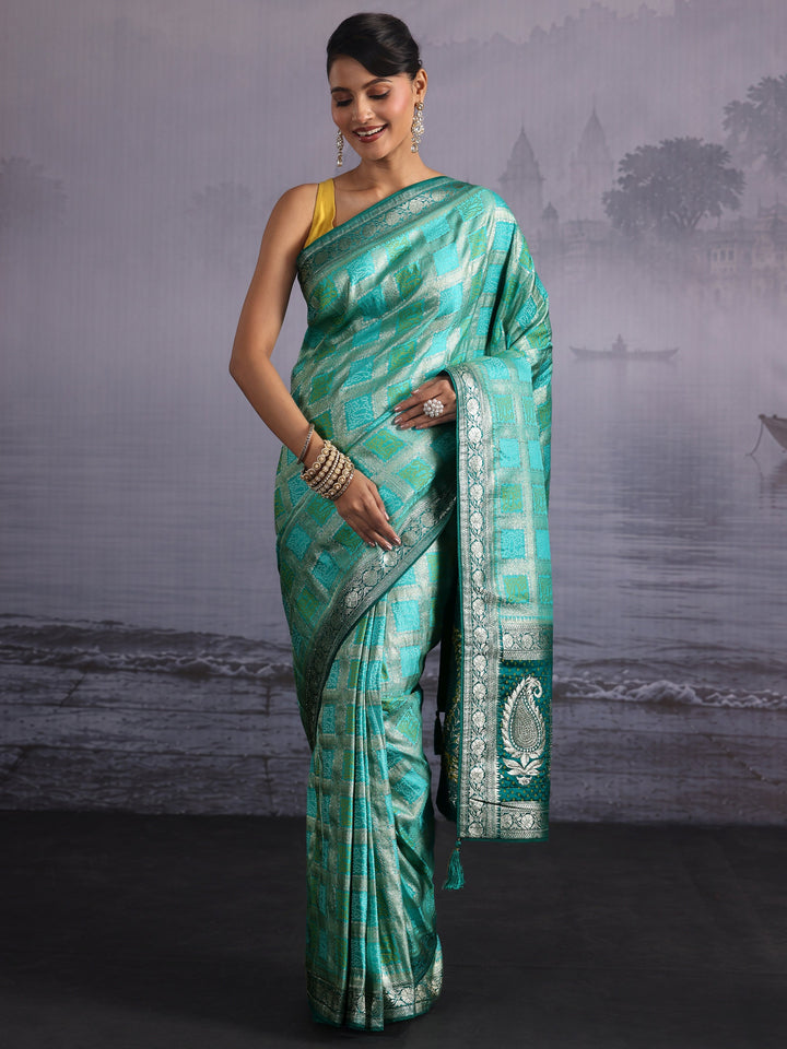 Libas Aqua Blue Gharchola Silk Blend Saree with Paisley Weave Pallu