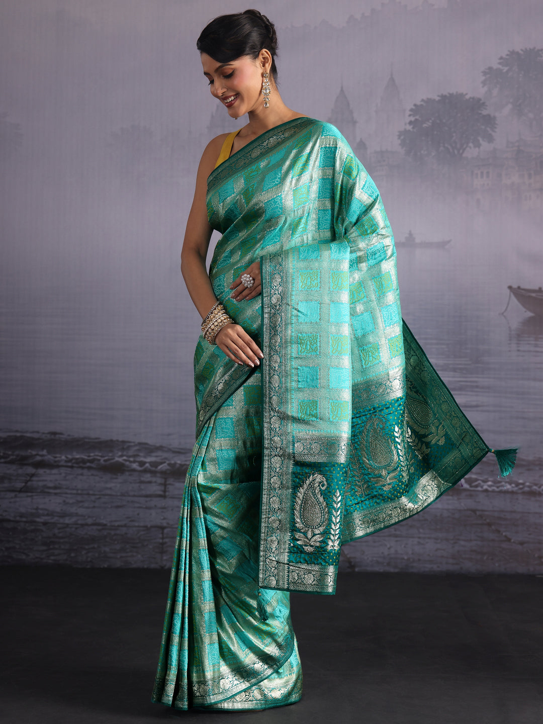 Libas Aqua Blue Gharchola Silk Blend Saree with Paisley Weave Pallu